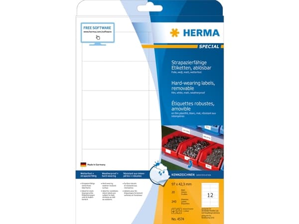 HERMA Special - Matt - fjernbart selv-adhesiv - hvit - 97 x 42.3 mm 240 etikett(er) (20 ark x 12) filmetiketter