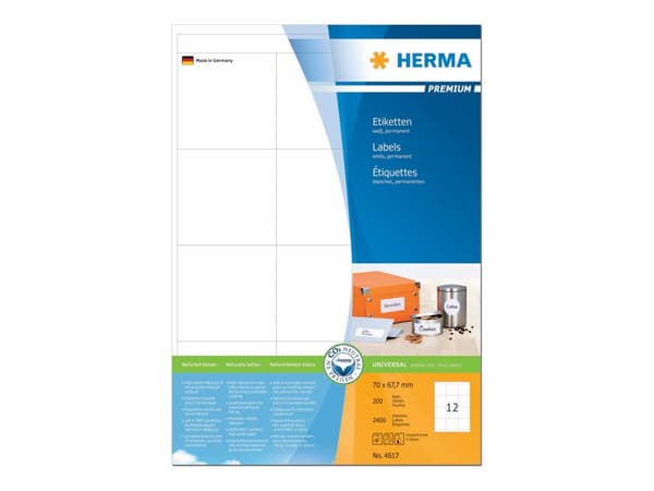 HERMA Premium - Papper - matt - permanent självhäftande - vit - 70 x 67.7 mm 2400 etikett (er) (200 ark x 12) laminerade etiketter