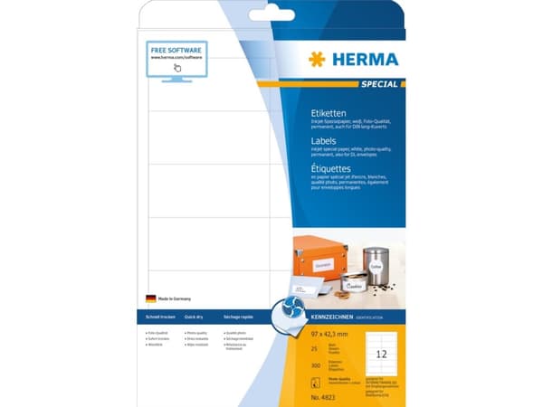 HERMA 4823, Valkoinen, Itse kiinnittyvä tulostintarra, A4, Paperi, Mustesuihku, Kiinteä