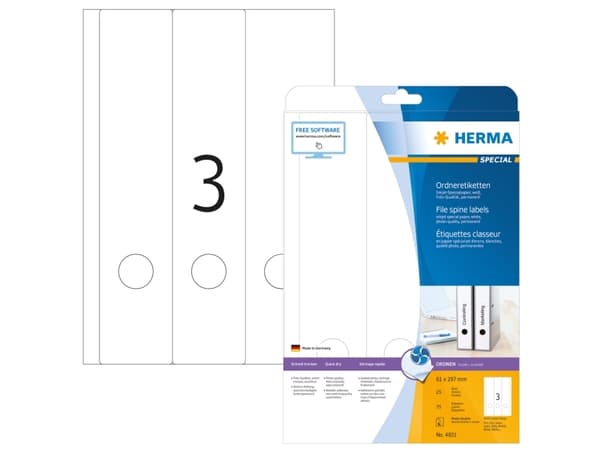 HERMA Special - Papper - matt - permanent självhäftande - bestruket - vit - 61 x 297 mm - 90 g/m² - 75 etikett (er) (25 ark x 3) etiketter för filmap