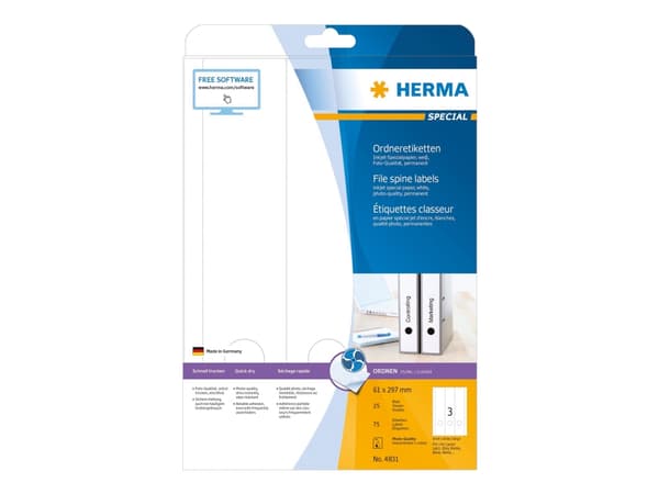 HERMA Special - Papper - matt - permanent självhäftande - bestruket - vit - 61 x 297 mm - 90 g/m² - 75 etikett (er) (25 ark x 3) etiketter för filmap