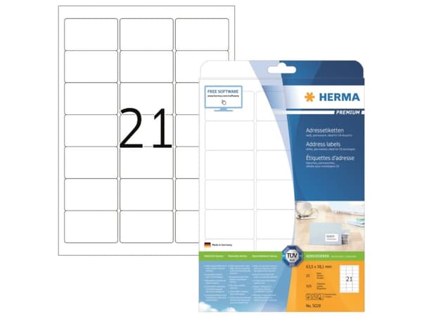 HERMA 5029, Valkoinen, Paperi, Laser/Inkjet, Matta, Kiinteä, Pyöristetty suorakulmio