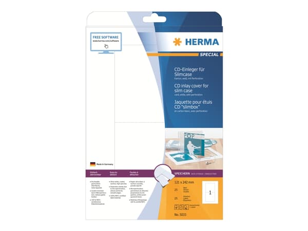 HERMA Special - Kraftig hvitt - 121 x 242 mm 25 ark CD-etiketter / innleggsdeler