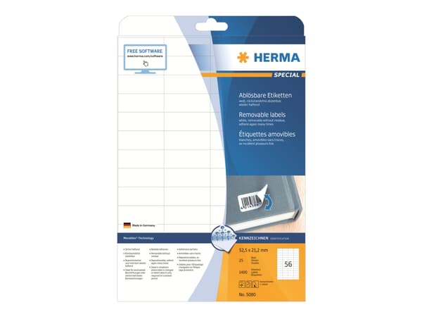 HERMA Special - Papir - matt - fjernbart selv-adhesiv - hvit - 52.5 x 21.2 mm 1400 etikett(er) (25 ark x 56) merkelapper