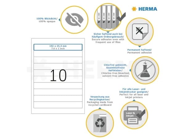 HERMA Special - Papir - matt - permanent selv-adhesiv - perforert - hvit - 192 x 25.4 mm 250 etikett(er) (25 ark x 10) opake arkivmappeetiketter