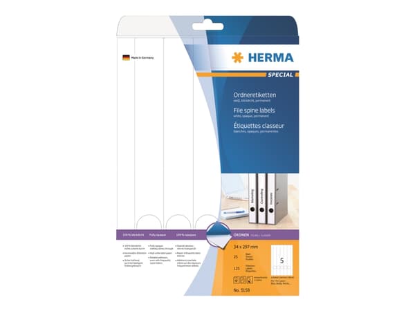 HERMA Spesial - Papir - matt - permanent selvklebende - hvit - 34 x 297 mm 125 etikett(er) (25 ark x 5) ugjennomsiktige mappeetiketter