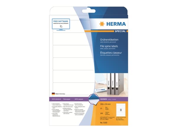 HERMA Spesial - Papir - matt - permanent selvklebende - hvit - 192 x 34 mm 200 etikett(er) (25 ark x 8) ugjennomsiktige mappeetiketter
