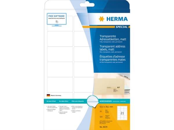 HERMA Special - Matt - självhäftande - transparent - 63.5 x 38.1 mm 525 etikett (er) (25 ark x 21) adresslappar