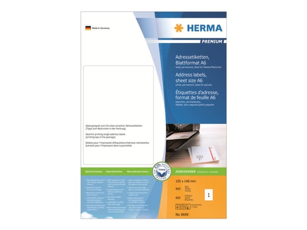 HERMA Premium - Papper - matt - permanent självhäftande - vit - A6 (105 x 148 mm) 800 etikett (er) (800 ark x 1) adresslappar