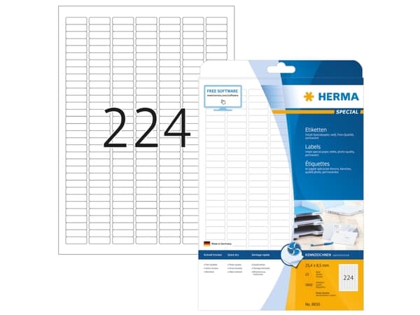 HERMA 8830, Valkoinen, Itse kiinnittyvä tulostintarra, A4, Paperi, Mustesuihku, Kiinteä