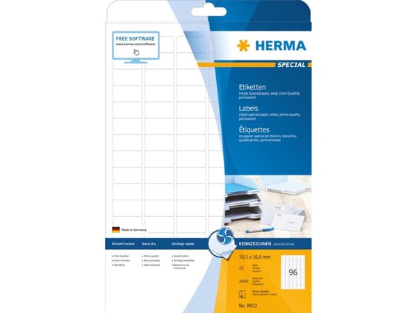 HERMA 8832, Valkoinen, Itse kiinnittyvä tulostintarra, A4, Paperi, Mustesuihku, Kiinteä