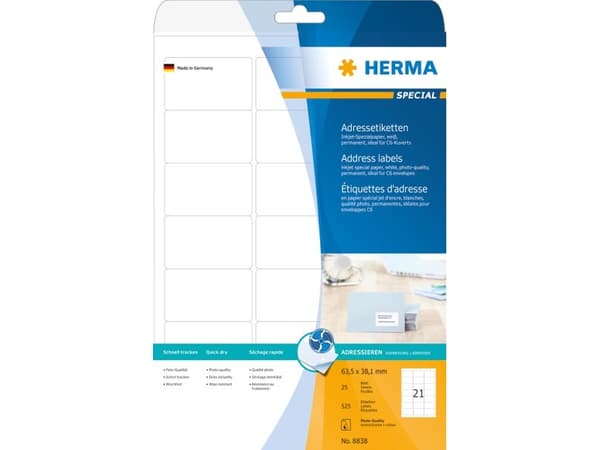 HERMA Special - Papper - matt - permanent självhäftande - bestruket - vit - 63.5 x 38.1 mm - 90 g/m² - 525 etikett (er) (25 ark x 21) adresslappar