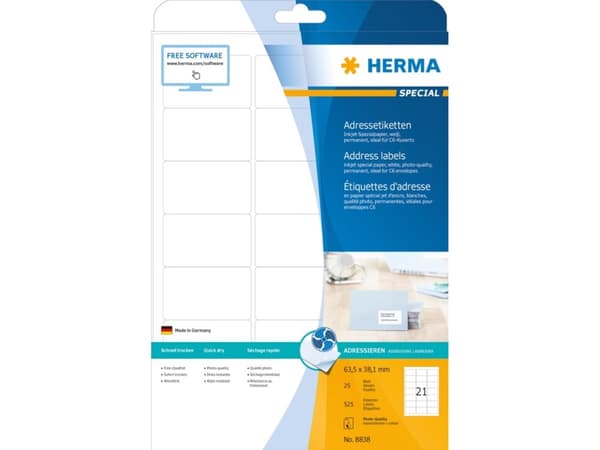 HERMA Special - Papper - matt - permanent självhäftande - bestruket - vit - 63.5 x 38.1 mm - 90 g/m² - 525 etikett (er) (25 ark x 21) adresslappar