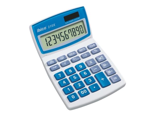 Rexel Ibico 210X - Skrivebordskalkulator - 10 sifre - solpanel, batteri - hvit, blå