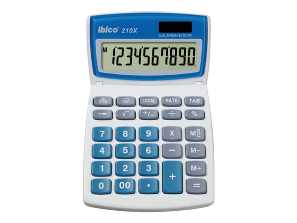 Rexel Ibico 210X - Skrivebordskalkulator - 10 sifre - solpanel, batteri - hvit, blå