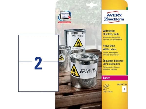 Avery Zweckform - Polyester, polyetylen tereftalat (PET) - matte - permanent klebemiddel - belagt - hvit - 210 x 148 mm 40 etikett(r) (20 ark x 2) et