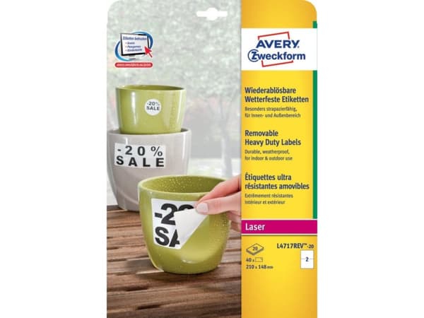 Etiketter Avery Zweckform L4717REV-20 hvid 210x148 mm permanent - (20 ark á 2 stk.)