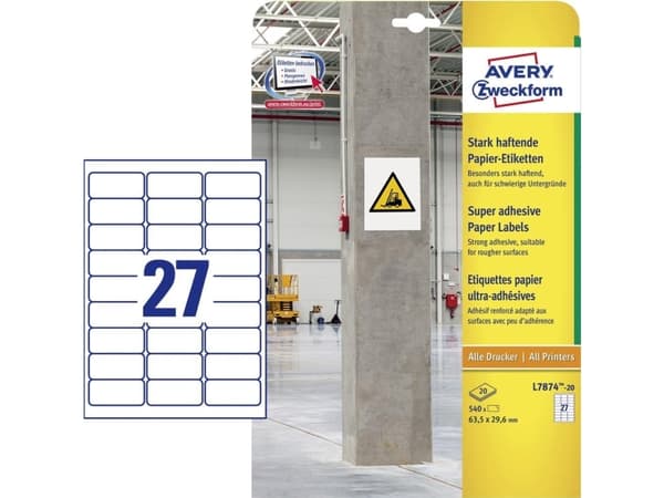 Avery L7874-20, Hvit, Avrundet rektangel, Permanent, Papir, 63,5 mm, 29,6 mm