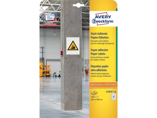 Avery L7874-20, Hvit, Avrundet rektangel, Permanent, Papir, 63,5 mm, 29,6 mm