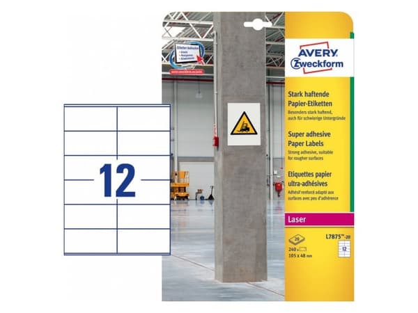 Avery L7875-20, Vit, Rektangel, Permanent, DIN A4, papper, Laser/bläckstråleskrivare