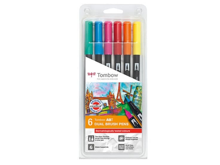 Marker Tombow ABT Dual Brush 6P-3 dermatologisk testet (sæt)