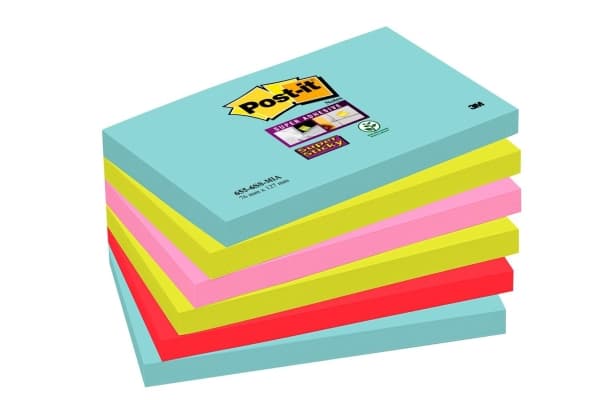 Post-it Super Sticky AMiami 655-6SS-MIA - Noter - 76 x 127 mm - 540 ark (6 x 90) - turkis, neongrønn, neonrosa, valmue