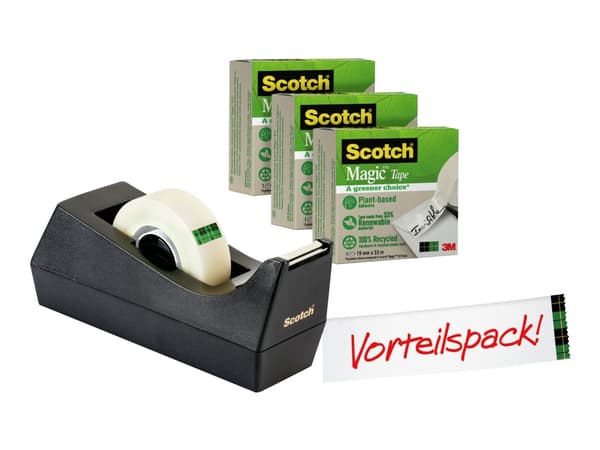 Scotch C38 + Scotch Magic 900 Greener Choice - Dispenser med kontortape (3 ruller) - skrivebord - 19 mm x 33 m - svart dispenser