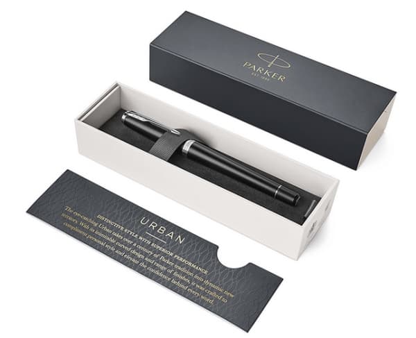 Parker Urban, Svart, Krom, Påfyllning med bläckpatronssystem, Blå, Gjuten aluminium, mässing, Krom, Rund spets, Rostfritt stål