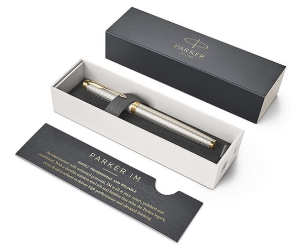 Parker IM, Guld, Silver, Påfyllning med bläckpatronssystem, Blå, Gjuten aluminium, mässing, Metall, Rund spets, Rostfritt stål