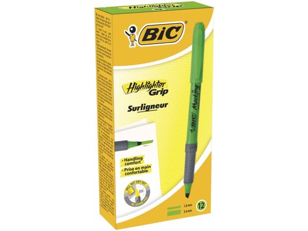 BIC brite liner Grip - Markeringspenn - fluorescerende grønn - vannbasert blekk - 1.6-3.4 mm - fin og bred (en pakke 12)
