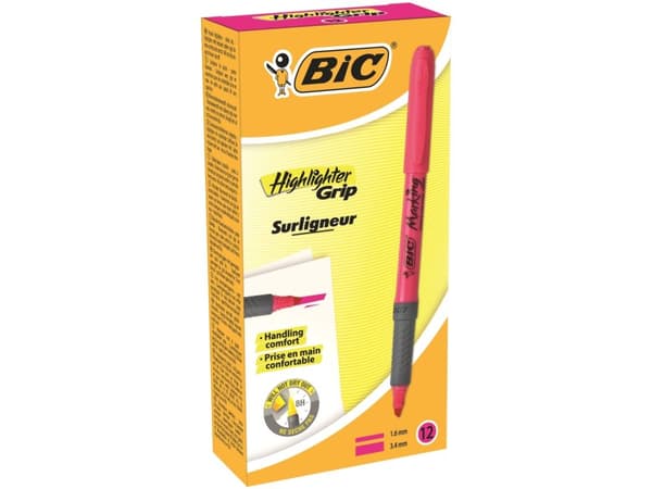 BIC Highlighter Grip, 12 kpl, Vaaleanpunainen, Taltan pää, Vaaleanpunainen, Pyöreä, 1,6 mm