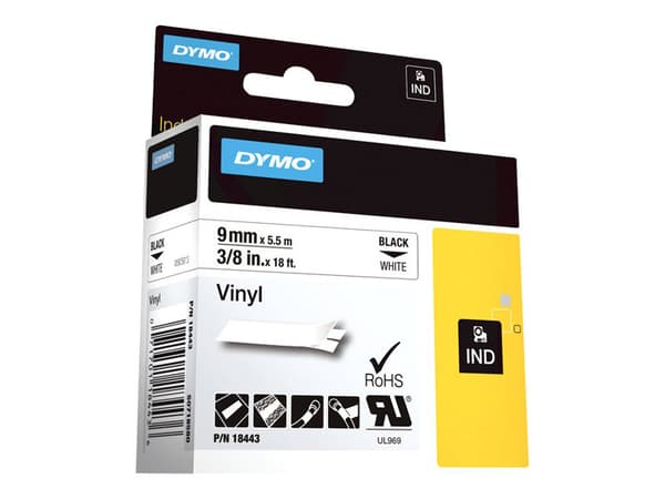 DYMO IND - Vinyl - lim - svart på vitt - Rulle (0,9 cm x 5 m) 1 kassett(er) etiketttejp - för LabelMANAGER 210, 280, 360, 420, PnP; Rhino 4200, 5200;