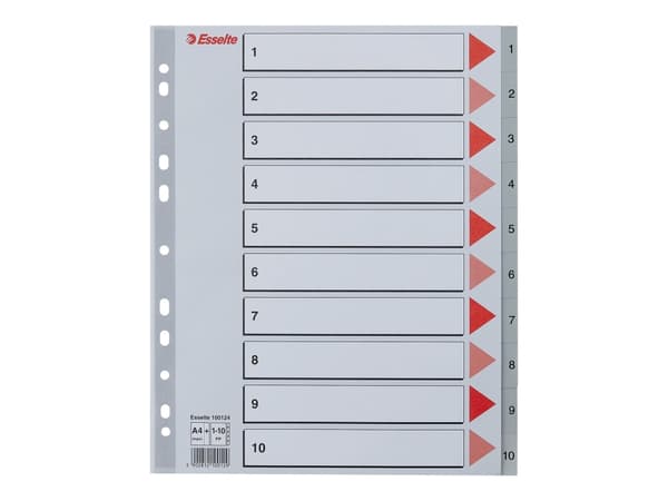 Esselte 100124, Numeroitu välilehtihakemisto, Polypropeeni (PP), Harmaa, Punainen, Valkoinen, Muotokuva, A4+, 0.12 mm
