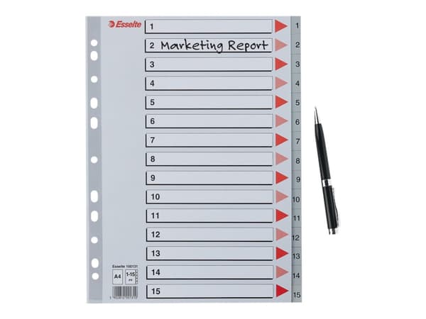 Esselte 100131, Numeroitu välilehtihakemisto, Polypropeeni (PP), Harmaa, Muotokuva, A4, 0.12 mm