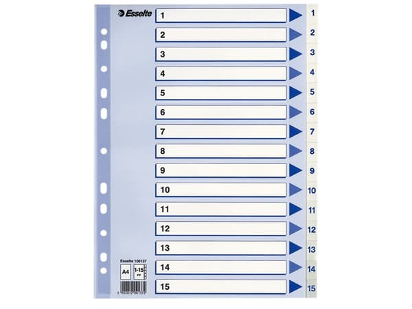 Esselte 100137, Numeroitu välilehtihakemisto, Polypropeeni (PP), Sininen, Valkoinen, Muotokuva, A4, 0.12 mm