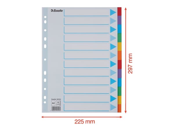 Esselte Multi-coloured Cardboard Dividers, A4, 225 mm, 297 mm, 3 mm, 140,00 g, 10 kpl
