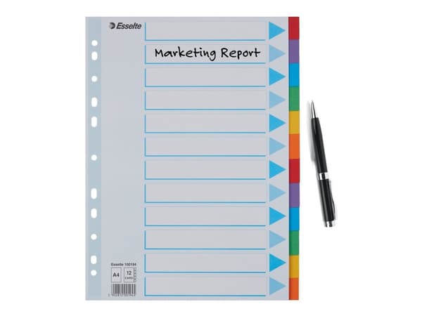 Esselte Multi-coloured Cardboard Dividers, A4, 225 mm, 297 mm, 3 mm, 140,00 g, 10 kpl