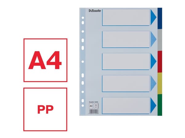 Esselte Multicoloured Polypropylene Dividers, Tyhjä välilehtihakemisto, Polypropeeni (PP), Monivärinen, Muotokuva, A4, 225 mm