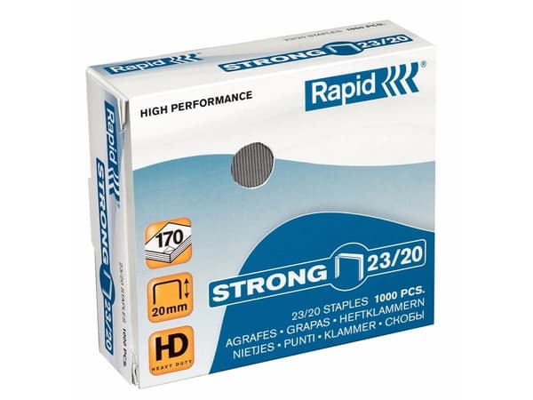Rapid 23/20, Niittipakkaus, 2 cm, 1000 niitit, 23/20, Ruostumaton teräs, 170 arkkia