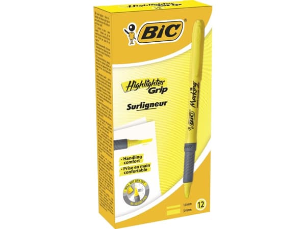 BIC brite liner Grip - Markeringspenn - fluorescerende gul - vannbasert blekk - 1.6-3.4 mm - fin og bred (en pakke 12)