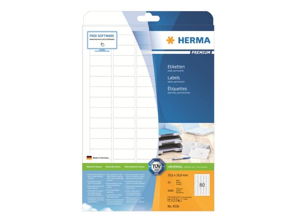 HERMA Premium - Papper - matt - permanent självhäftande - vit - 35.6 x 16.9 mm 2000 etikett (er) (25 ark x 80) laminerade etiketter