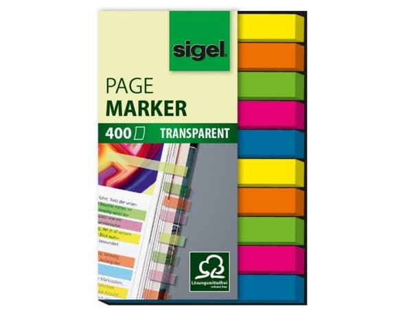 Sigel PageMarker - Sivumerkintä - 6 x 50 mm - 400 arkkia - läpinäkyvä vihreä, läpinäkyvä vaaleanpunainen, läpinäkyvä sininen, läpinäkyvä keltainen, l