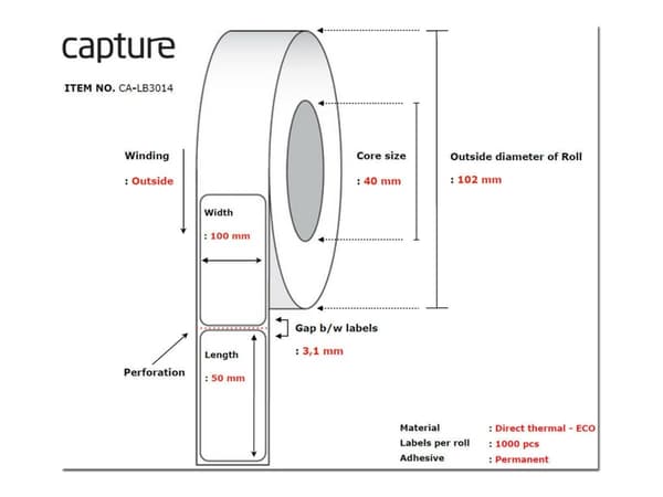 Capture - Permanet adhesiv - ubelagt - hvit - 100 x 50 mm 12000 etikett(er) (12 rull(er) x 1000) boks - merkelapper