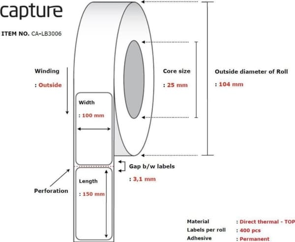 Capture - Eco paper - permanet adhesiv - toppbelagt - perforert - hvit - 100 x 150 mm 6400 etikett(er) (16 rull(er) x 400) boks - merkelapper