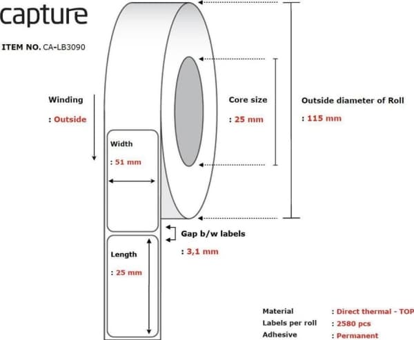 Capture - Permanet adhesiv - toppbelagt - hvit - 51 x 25 mm 30960 etikett(er) (12 rull(er) x 2580) boks - merkelapper