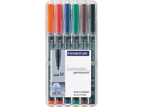 STAEDTLER Lumocolor - Fibertuppenn - permanent - svart, rød, blå, grønn, oransje, brun - 1 mm - medium (en pakke 6)