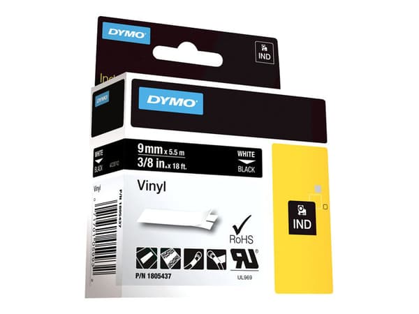 DYMO Rhino Coloured Vinyl - Vinyl - permanet adhesiv - hvitt på svart - Rull (1 cm x 5,5 m) 1 kassett(er) tape - for DYMO ILP219; Rhino 1000, 4200, 5