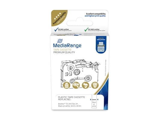 MediaRange MRBTZ211, Sort, Blekkdyse, Permanent, Brother P-Touch 1000, 1010, 1080, 1090, 1260VP, 1280, 1280DT, 1290, 1750, 1830VP, 18R, 2030VP,..., 6