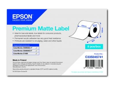 Epson Premium - Matt - permanent akryl-adhesiv - Rull (10,2 cm x 60 m) 8 rull(er) sammenhengende etiketter - for ColorWorks CW-C6000Ae, CW-C6500Ae, C