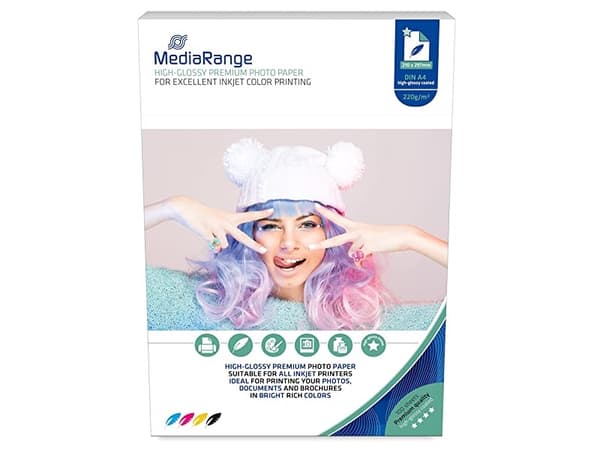 MediaRange MRINK103, Korkea kiilto, 220 g/m², Mustesuihku, A4, Valkoinen, 100 arkkia